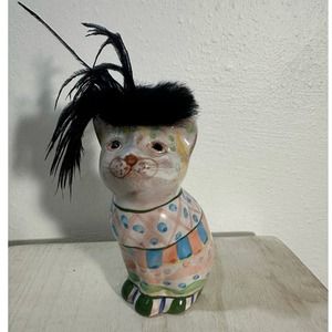 Vtg Ceramic Cat Figurine Colorful Eclectic Feather